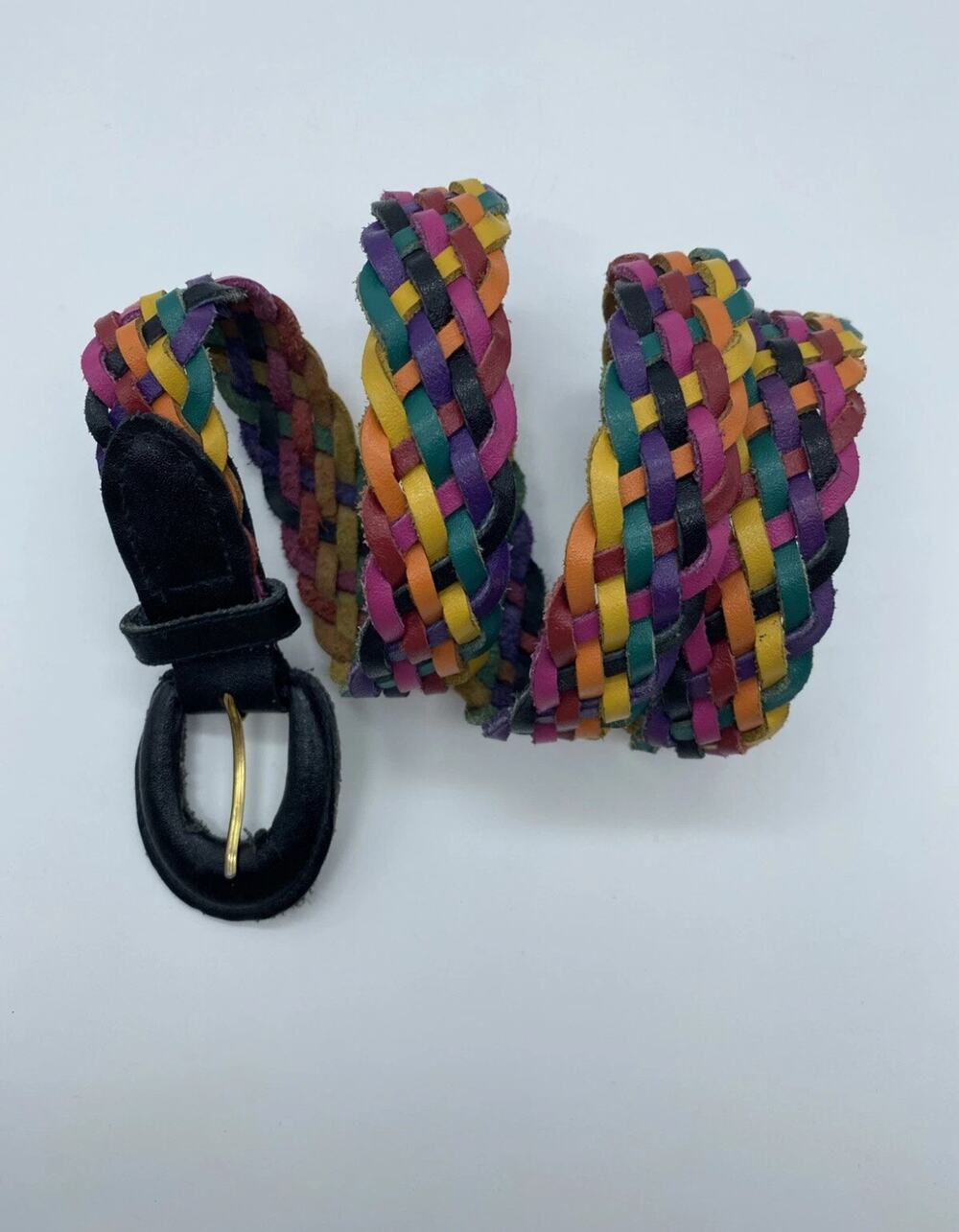 Chic Vintage Braided Leather Multicolor Rainbow Belt Women's Size small 34”